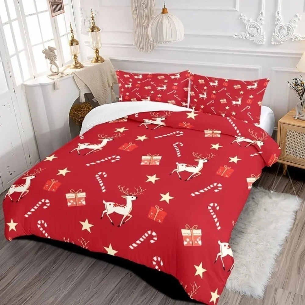 Festive Red Reindeer and Candy Cane Bedding Set (059)